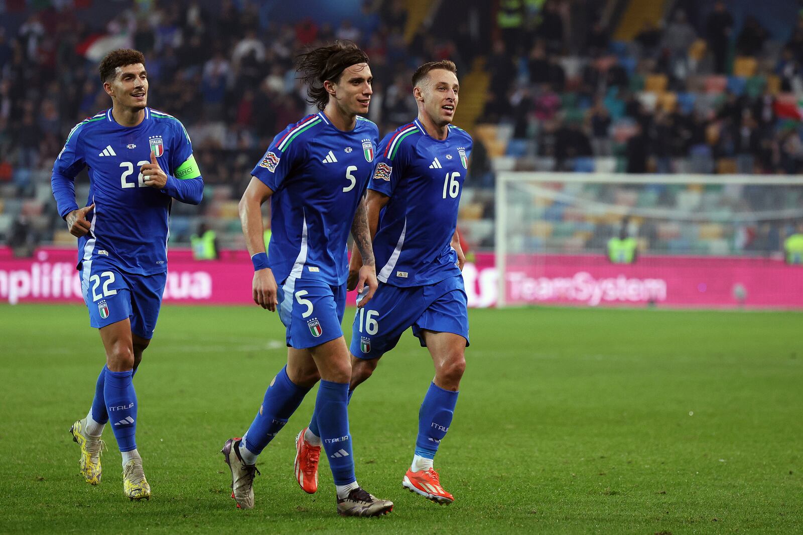 Italian's Davide Frattesi celebrates after scoring his side's third goal during the UEFA Nations League soccer match between Italia and Israel at the Bluenergy Stadium in Udine, Italy, Monday, Oct. 14, 2024. (Andrea Bressanutti/LaPresse via AP)