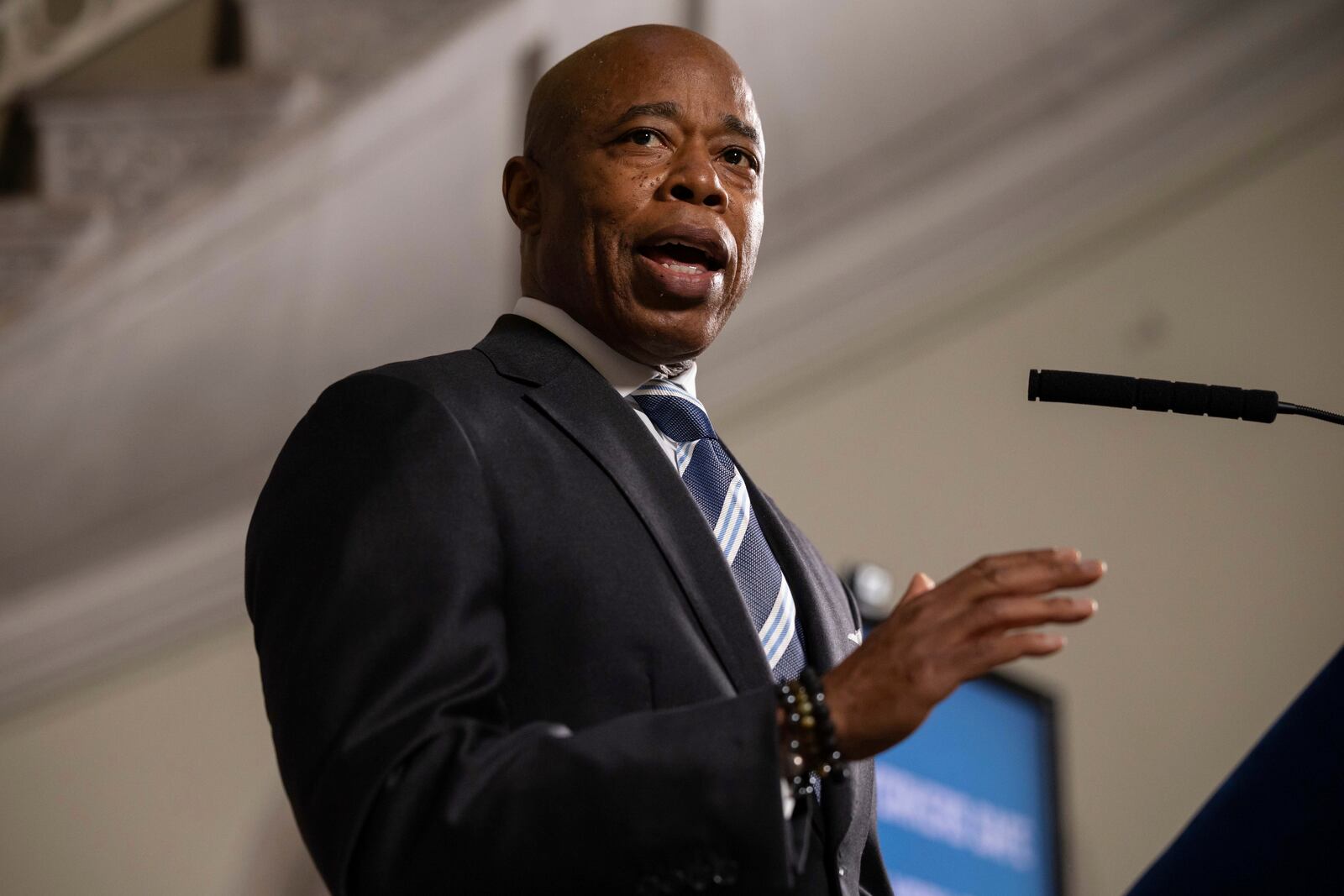 New York City Mayor Eric Adams speaks during a press conference at City Hall, Tuesday, Oct. 8, 2024, in New York. (AP Photo/Yuki Iwamura)