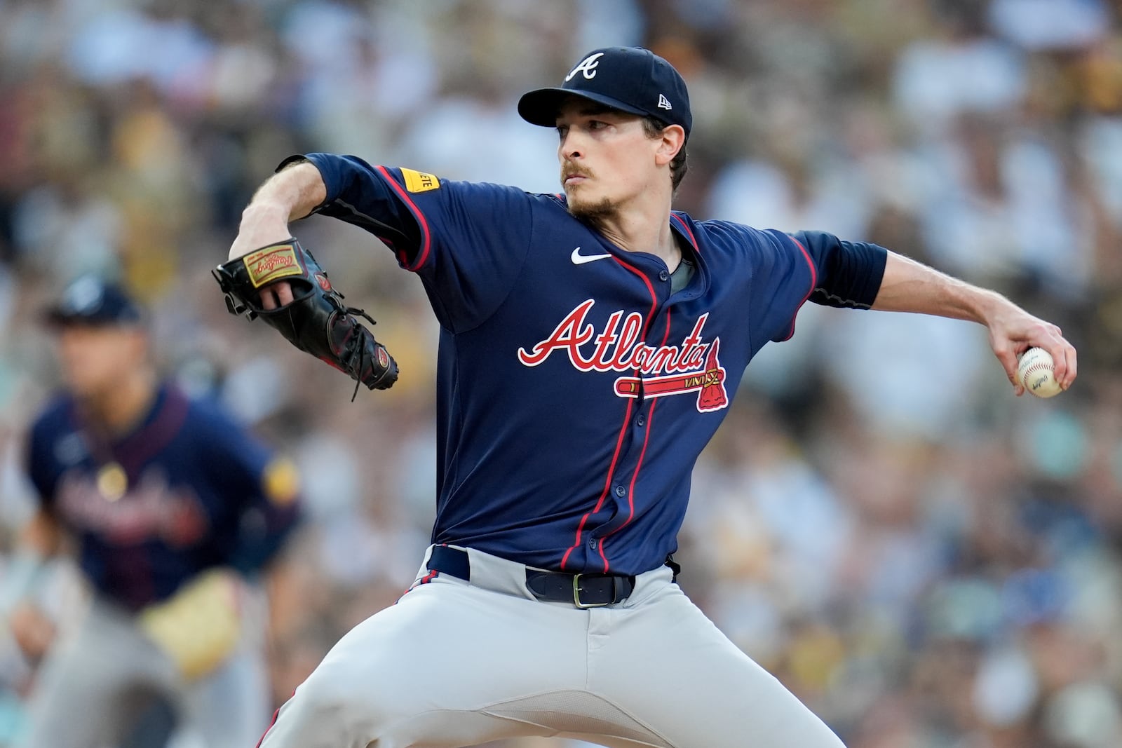 Atlanta Braves starting pitcher Max Fried throws to a San Diego Padres batter during the first inning in Game 2 of an NL Wild Card Series baseball game Wednesday, Oct. 2, 2024, in San Diego. (AP Photo/Gregory Bull)