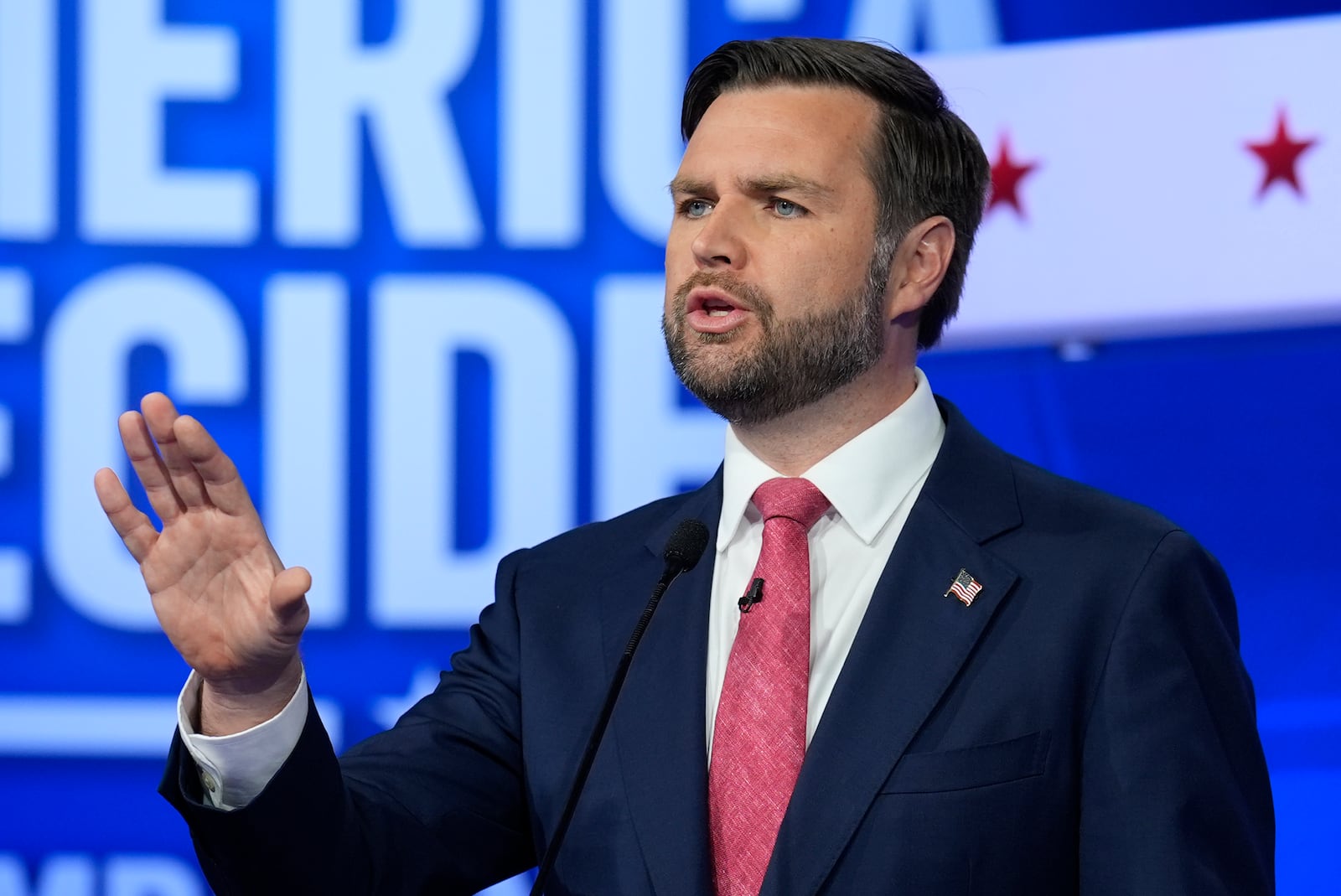 Republican vice presidential nominee Sen. JD Vance, R-Ohio, speaks during a vice presidential debate hosted by CBS News, with Democratic vice presidential candidate Minnesota Gov. Tim Walz, Tuesday, Oct. 1, 2024, in New York. (AP Photo/Matt Rourke)