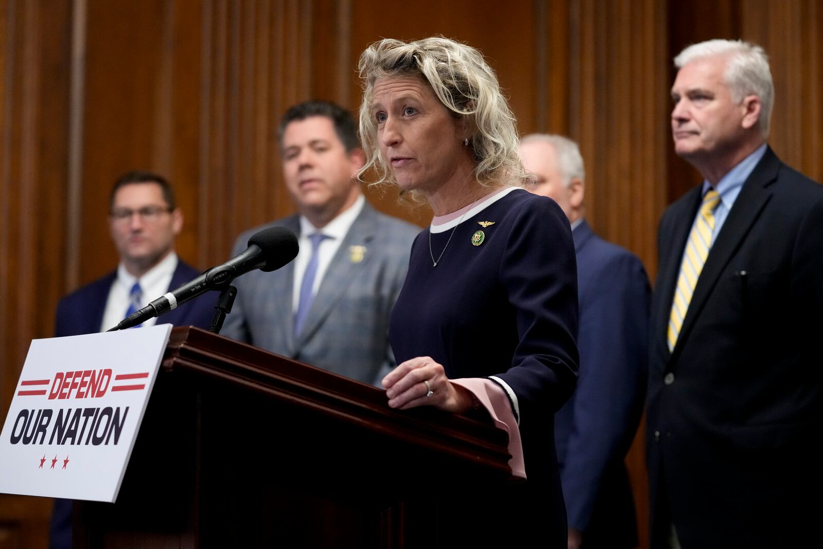 FILE - Rep. Jen Kiggans, R-Va., speaks during a news conference after the House approved an annual defense bill, July 14, 2023, on Capitol Hill in Washington. (AP Photo/Patrick Semansky, File)