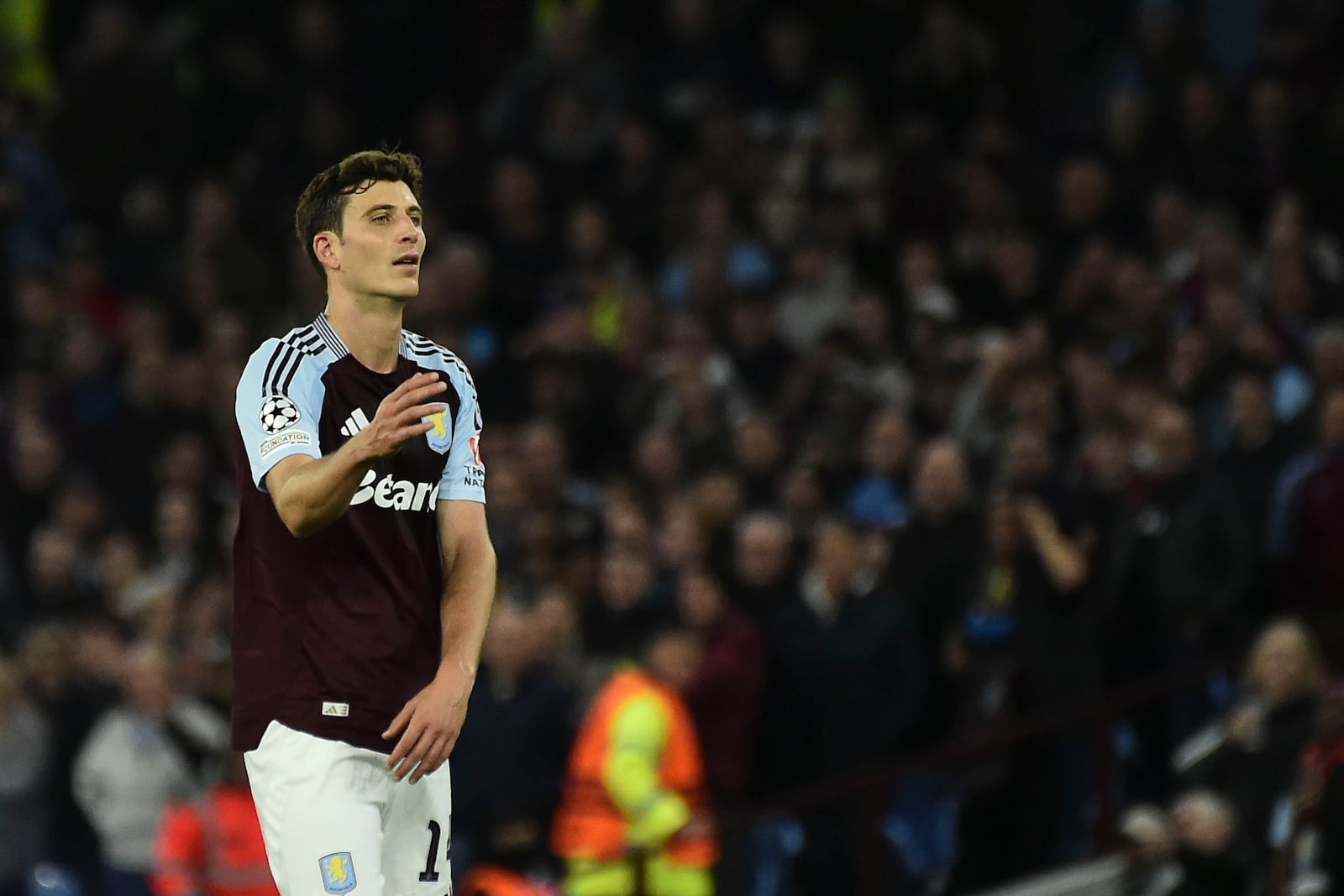 Aston Villa's Pau Torres reacts during the Champions League opening phase soccer match between Aston Villa and Bayern Munich, at Villa Park in Birmingham, England, Wednesday, Oct. 2, 2024. (AP Photo/Rui Vieira)