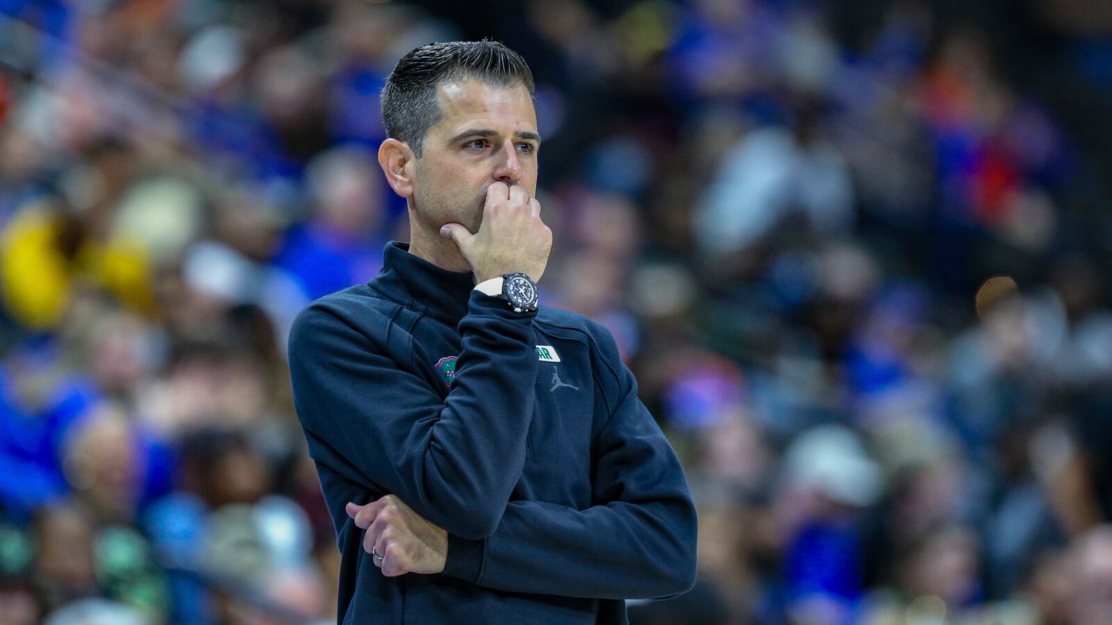 Florida head coach Todd Golden watches play during the second half of an NCAA college basketball game against South Florida, Monday, Nov. 4, 2024, in Jacksonville, Fla. Florida defeated South Florida 98-83. (AP Photo/Gary McCullough)