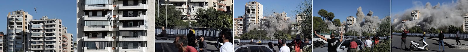 A sequence of combination images show a missile launched from an Israeli jet hits a building in Ghobeiri, Beirut, Lebanon, Tuesday, Oct. 22, 2024. (AP Photo/Bilal Hussein)