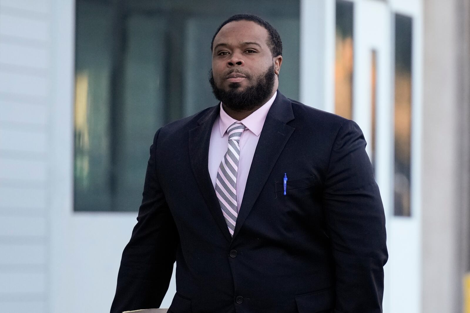 Demetrius Haley, one of three former Memphis police officers charged in the 2023 fatal beating of Tyre Nichols, arrives at the federal courthouse for the day's proceedings Wednesday, Oct. 2, 2024, in Memphis, Tenn. (AP Photo/George Walker IV)