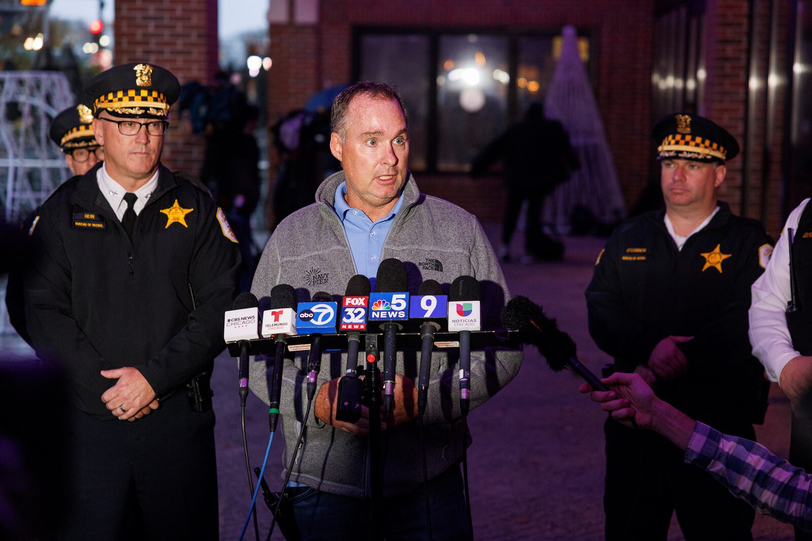 Chief Operating Officer at Navy Pier Brian Murphy gives a brief of a shooting at Navy Pier during a news conference, Tuesday, Nov. 5, 2024 in Chicago. (Anthony Vazquez/Chicago Sun-Times via AP)