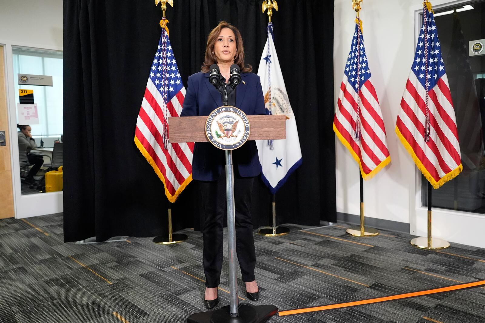 Democratic presidential nominee Vice President Kamala Harris speaks about the killing of Hamas' top leader Yahya Sinwar in a battle with Israeli forces in Gaza, Thursday, Oct. 17, 2024, following a campaign rally at the University of Wisconsin Milwaukee. (AP Photo/Jacquelyn Martin)