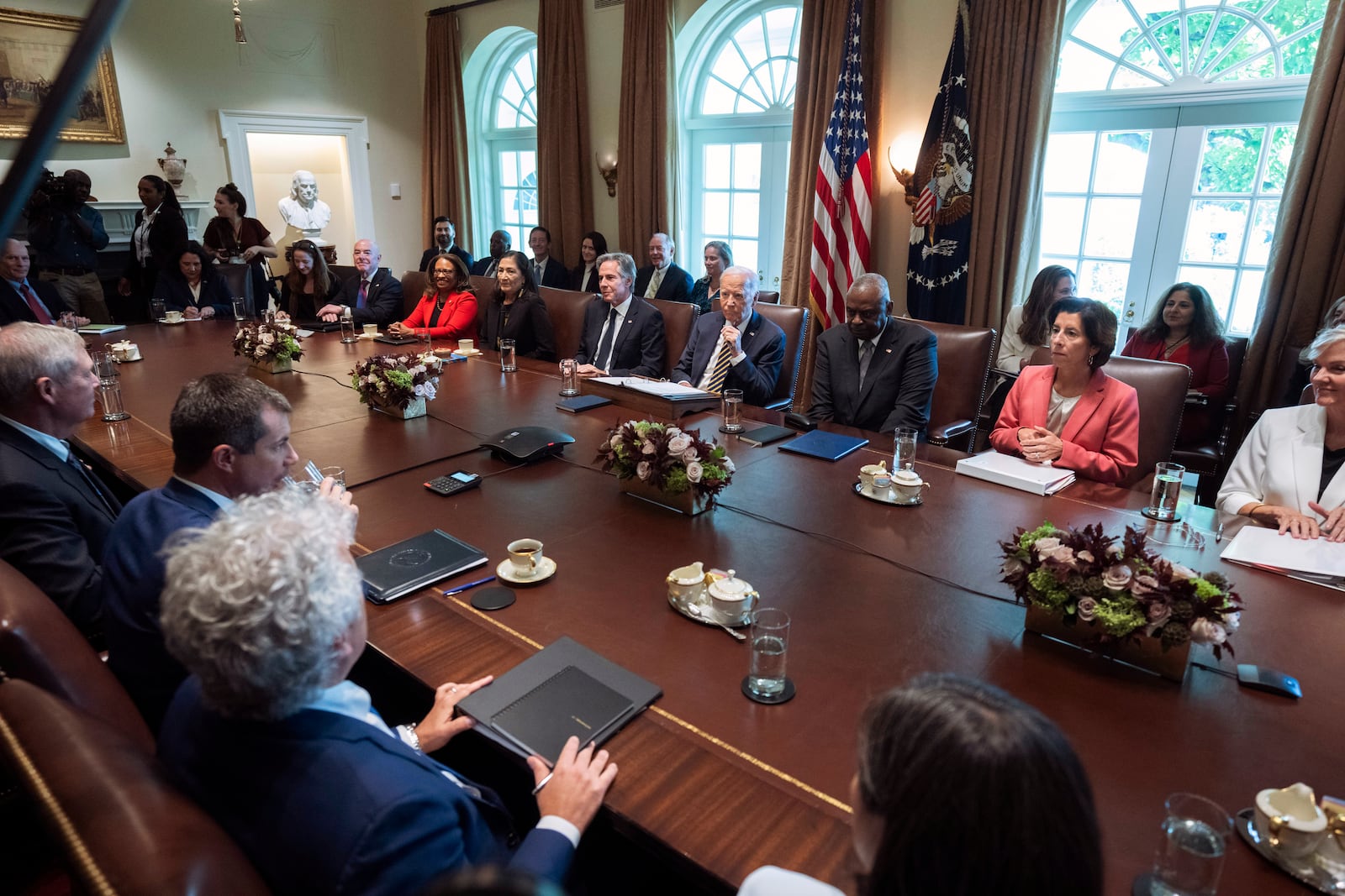 President Joe Biden, back row, center, speaks during a meeting with the members of his cabinet and first lady Jill Biden, in the Cabinet Room of the White House, Friday, Sept. 20, 2024. (AP Photo/Manuel Balce Ceneta)