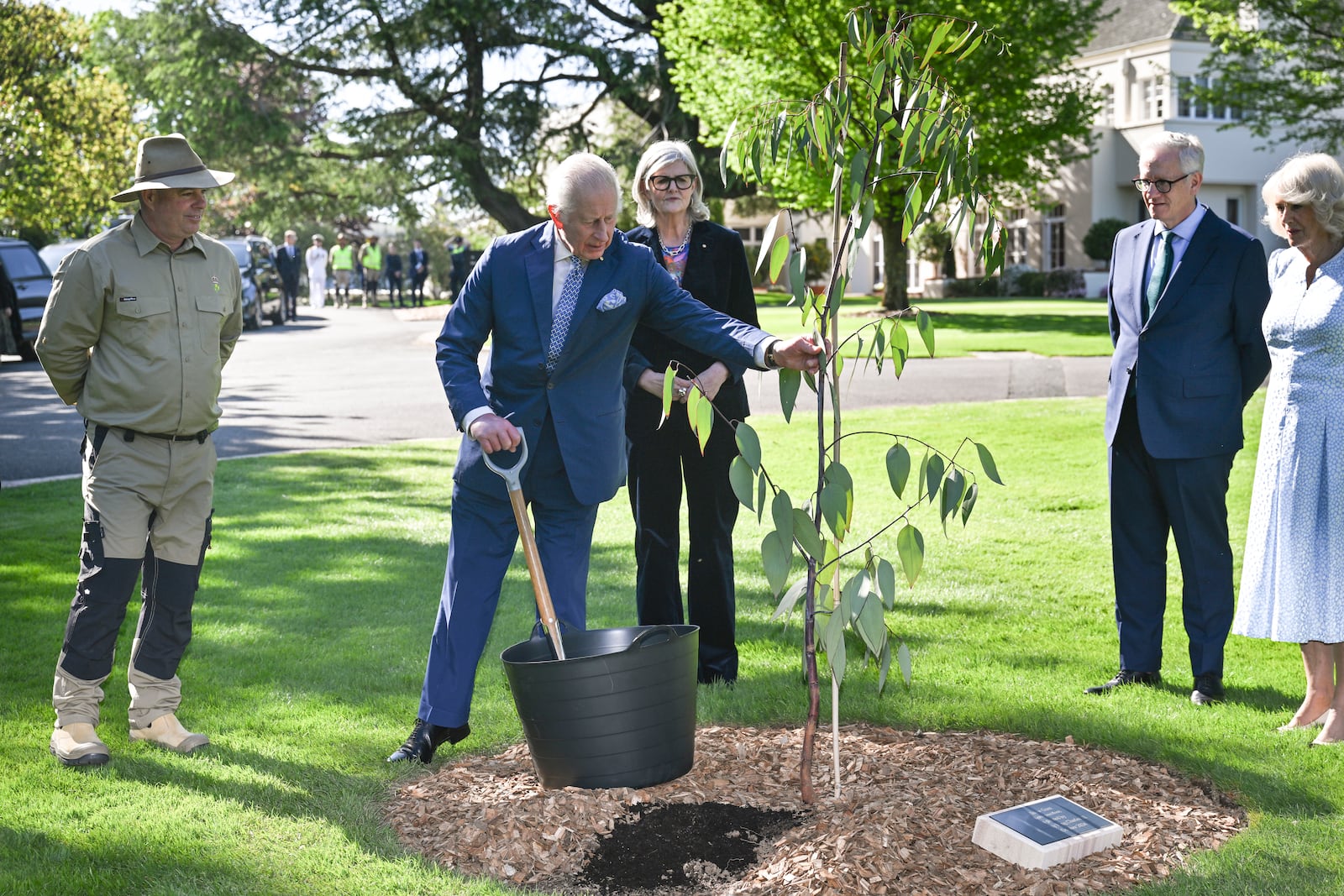 Britain's King Charles III, 2nd left, plants a tree as Queen Camilla, right, and Australia's Governor-General Sam Mostyn, center, watch at Government House in Canberra, Australia, Monday, Oct. 21, 2024. (Saeed Khan/Pool Photo via AP)