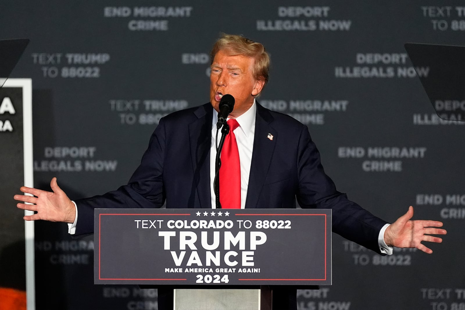 Republican presidential nominee former President Donald Trump speaks at a campaign rally at the Gaylord Rockies Resort and Convention Center Friday, Oct. 11, 2024, in Aurora, Colo. (AP Photo/David Zalubowski)