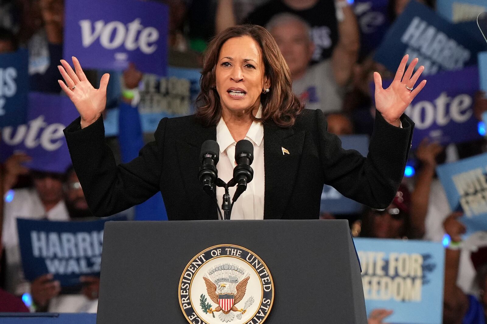 Democratic presidential nominee Vice President Kamala Harris speaks during a campaign event at East Carolina University, Sunday, Oct. 13, 2024, in Greenville, N.C. (AP Photo/David Yeazell)