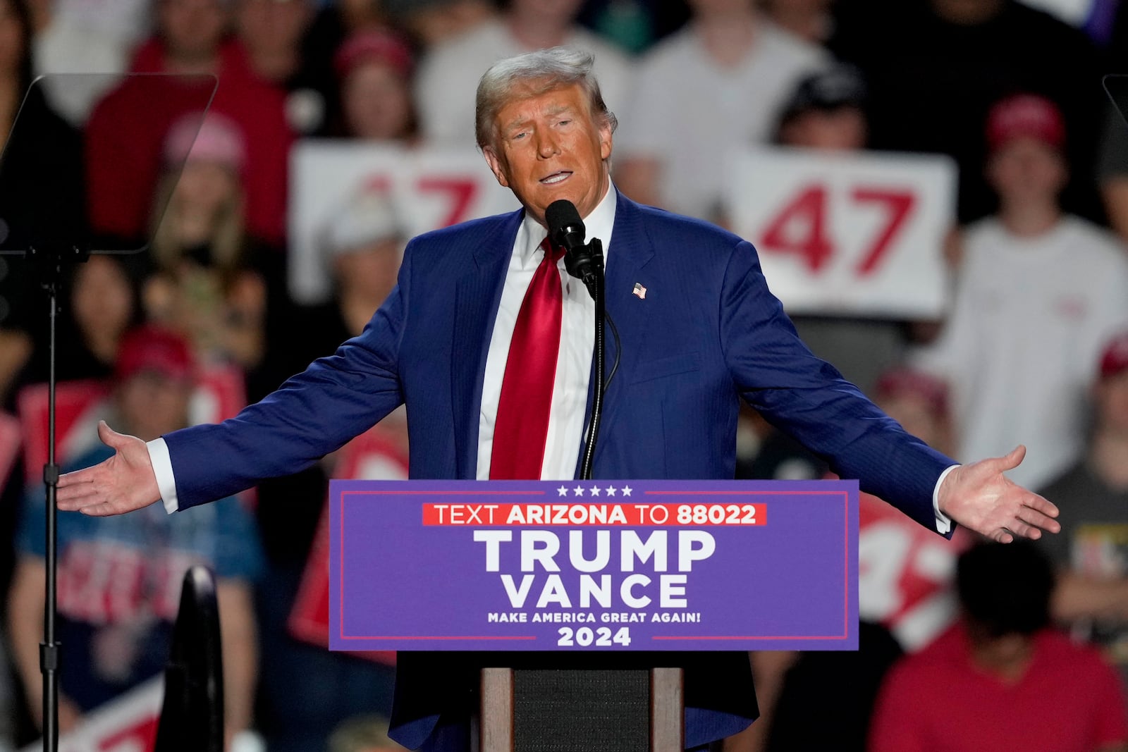 Republican presidential nominee former President Donald Trump speaks at a campaign event at Mullett Arena, Thursday, Oct. 24, 2024, in Tempe, Ariz. (AP Photo/Matt York)