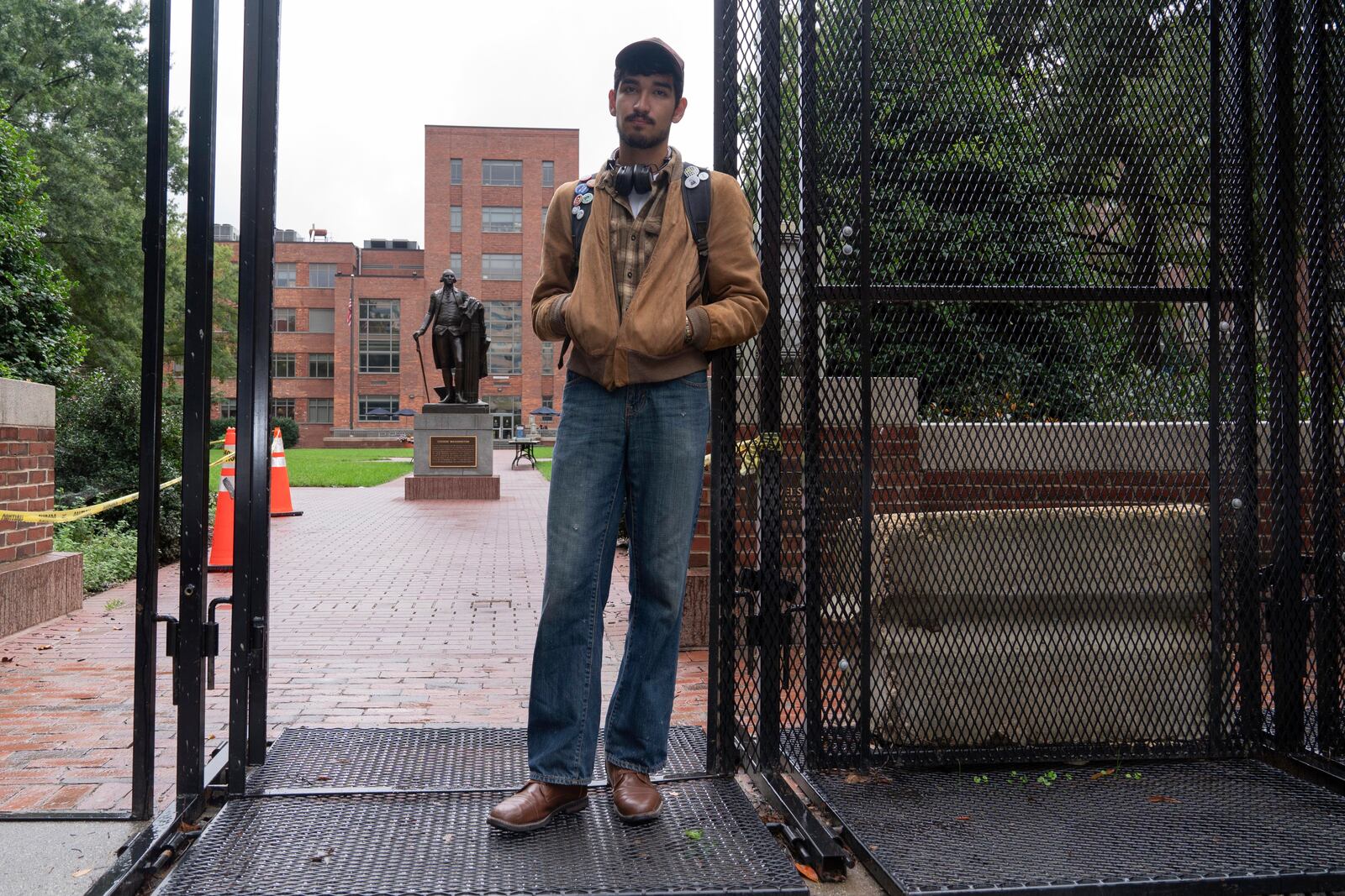 George Washington University student Ty Lindia poses for a photograph at the site of last spring's students tent encampment at George Washington University Yard in Washington, Wednesday, Oct. 2, 2024. (AP Photo/Jose Luis Magana)