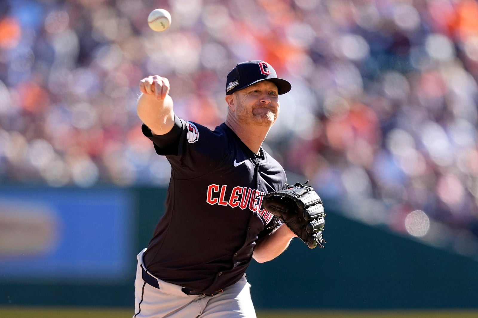 Cleveland Guardians pitcher Alex Cobb throws against the Detroit Tigers in the first inning during Game 3 of a baseball American League Division Series, Wednesday, Oct. 9, 2024, in Detroit. (AP Photo/Carlos Osorio)