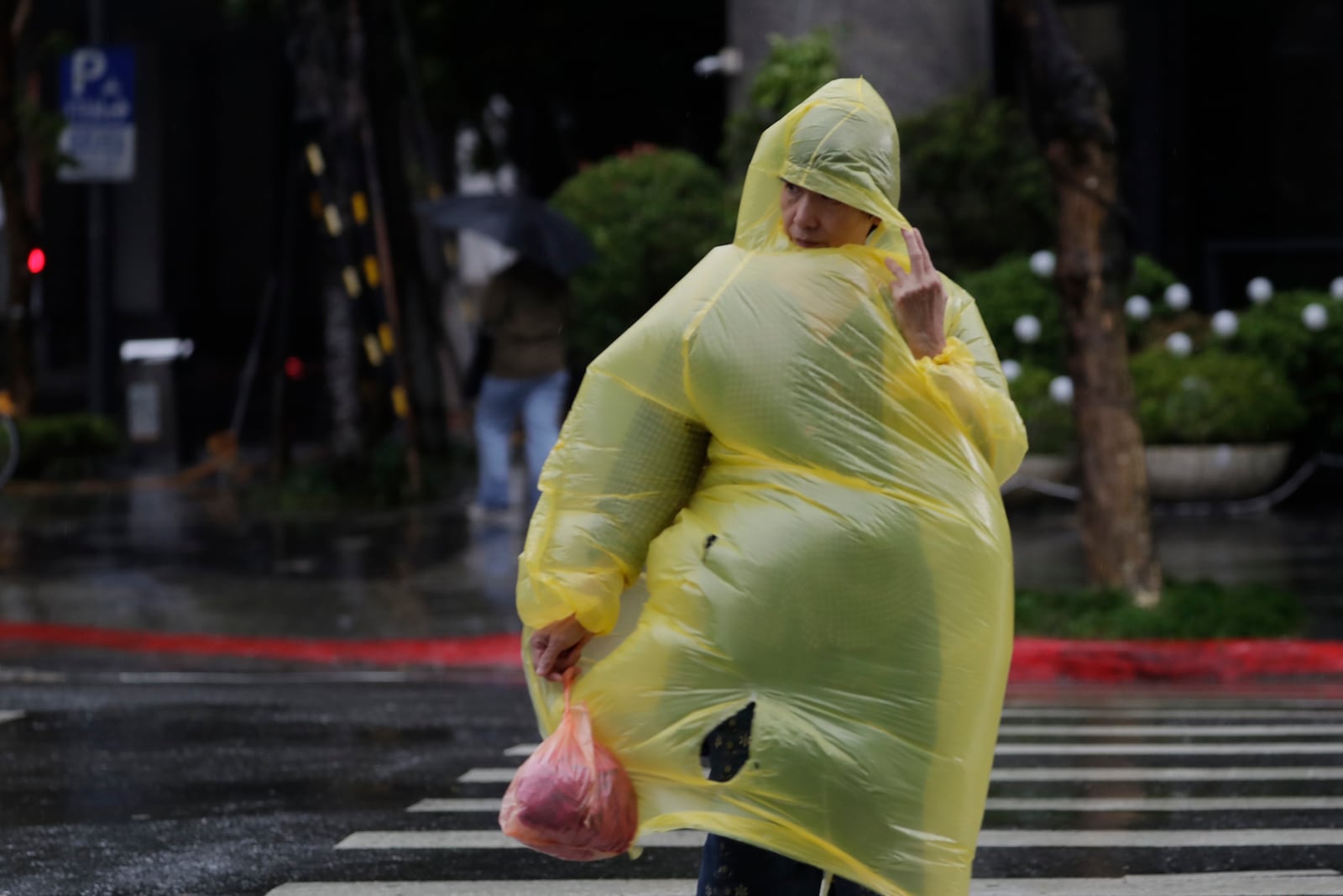 A woman struggles with wind and rain generated by Typhoon Kong-rey in Taipei, Taiwan, Thursday, Oct. 31, 2024. (AP Photo/Chiang Ying-ying)