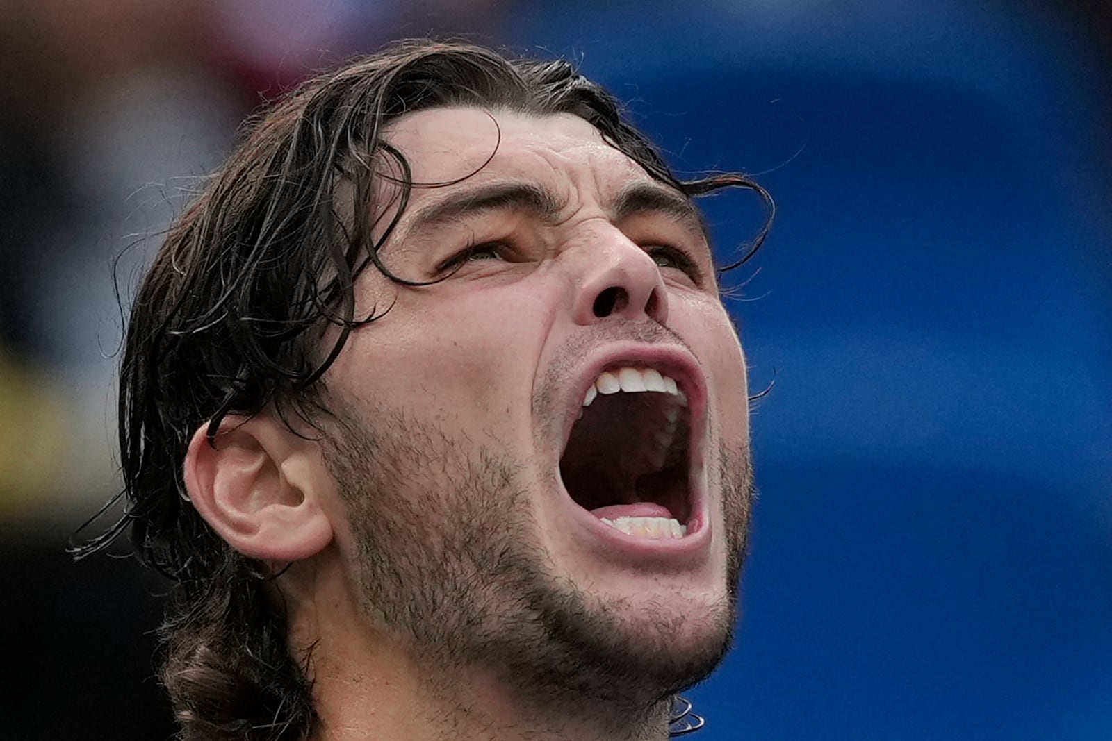 Taylor Fritz of the United States celebrates after defeating David Goffin of Belgium in the men's singles quarterfinals match of the Shanghai Masters tennis tournament at Qizhong Forest Sports City Tennis Center in Shanghai, China, Friday, Oct. 11, 2024. (AP Photo/Andy Wong)