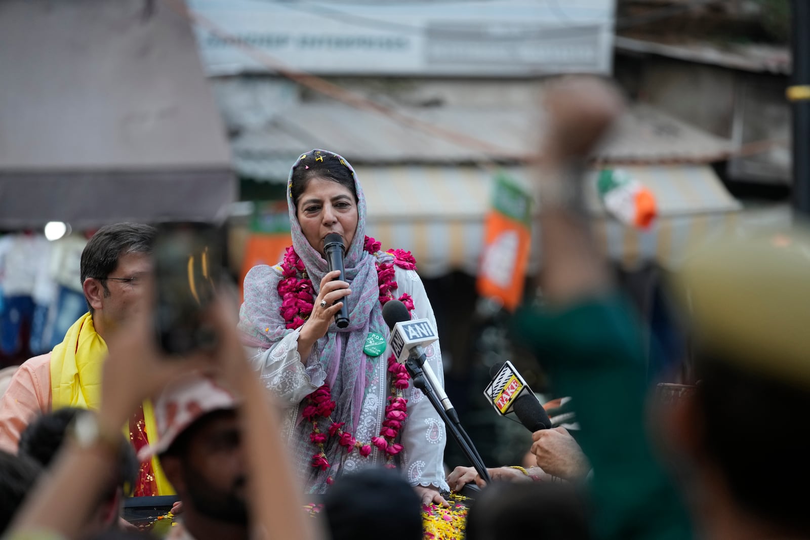 Mehbooba Mufti, leader of the Peoples Democratic Party (PDP), speaks during a campaign rally of Jammu and Kashmir Assembly elections in Jammu, India, Wednesday, Sept. 25, 2024. (AP Photo/Channi Anand)