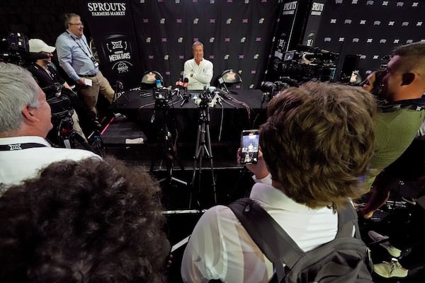 Kansas head coach Bill Self addresses the media during the NCAA college Big 12 men's basketball media day, Wednesday, Oct. 23, 2024, in Kansas City, Mo. (AP Photo/Charlie Riedel)