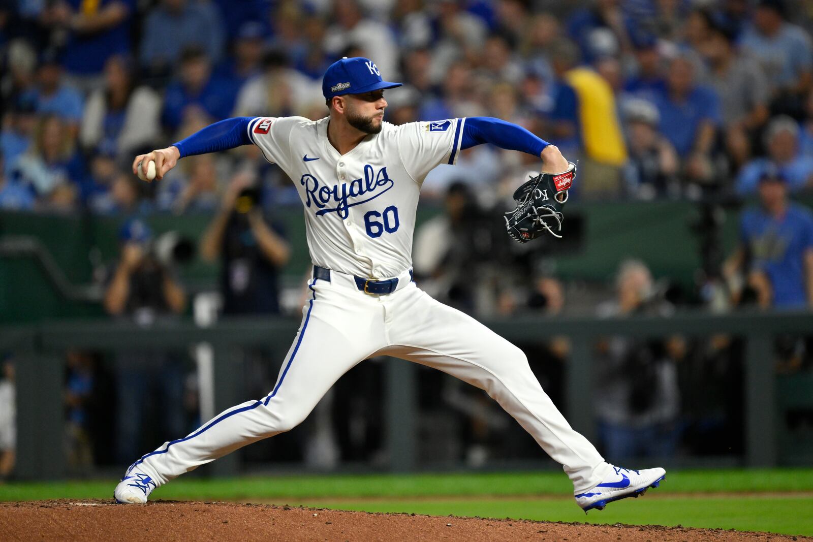 Kansas City Royals relief pitcher Lucas Erceg throws during the fifth inning in Game 4 of an American League Division baseball playoff series against the New York Yankees Thursday, Oct. 10, 2024, in Kansas City, Mo. (AP Photo/Reed Hoffmann)