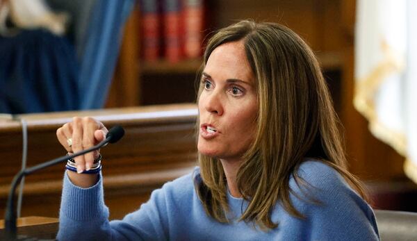 Witness Jennifer McCabe continues her cross examination testimony during the Karen Read murder trial in Norfolk Superior Court in Dedham, Mass., Wednesday, April 30, 2025. (Greg Derr/The Patriot Ledger via AP, Pool)