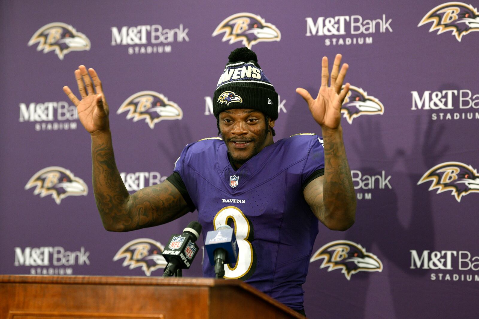 Baltimore Ravens quarterback Lamar Jackson speaks during a news conference following an NFL football game against the Washington Commanders Sunday, Oct. 13, 2024, in Baltimore. (AP Photo/Nick Wass)