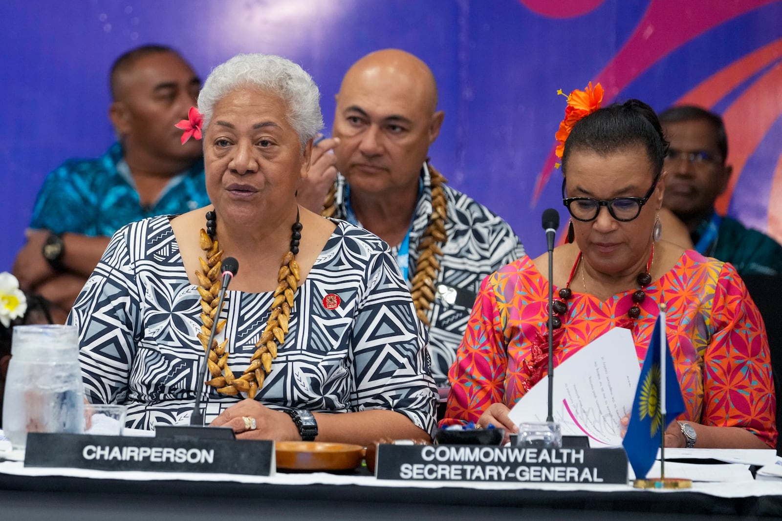 Samoan Prime Minister Afioga Fiamē Naomi Mataʻafa, left, and CHOGM Secretary General Patricia Scotland during the Foreign Ministers meeting at the Commonwealth Heads of Government meeting in Apia, Samoa, Thursday, Oct. 24, 2024. (AP Photo/Rick Rycroft/Pool)