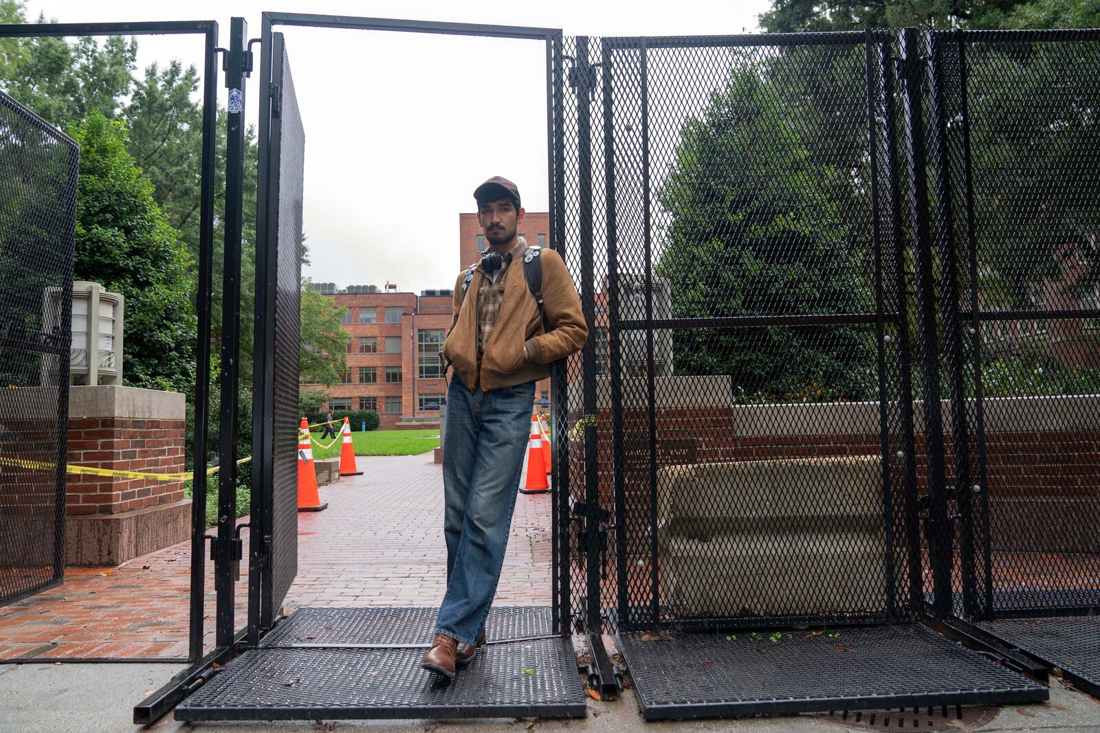 George Washington University student Ty Lindia poses for a photograph at the site of last spring's students tent encampment at George Washington University Yard in Washington, Wednesday, Oct. 2, 2024. (AP Photo/Jose Luis Magana)