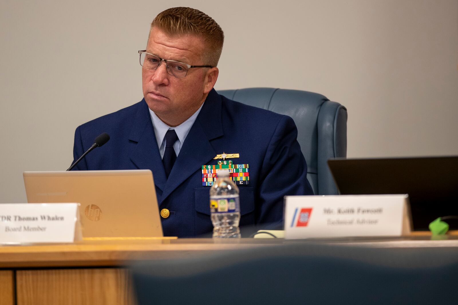 Thomas Whalen, board member for the Coast Guard's Titan Submersible Marine Board of Investigation, listens to Guillermo Sohnlein's virtual testimony during a formal hearing inside the Charleston County Council Chambers, Monday, Sept. 23, 2024, in North Charleston, S.C. (Laura Bilson/The Post And Courier via AP, Pool)