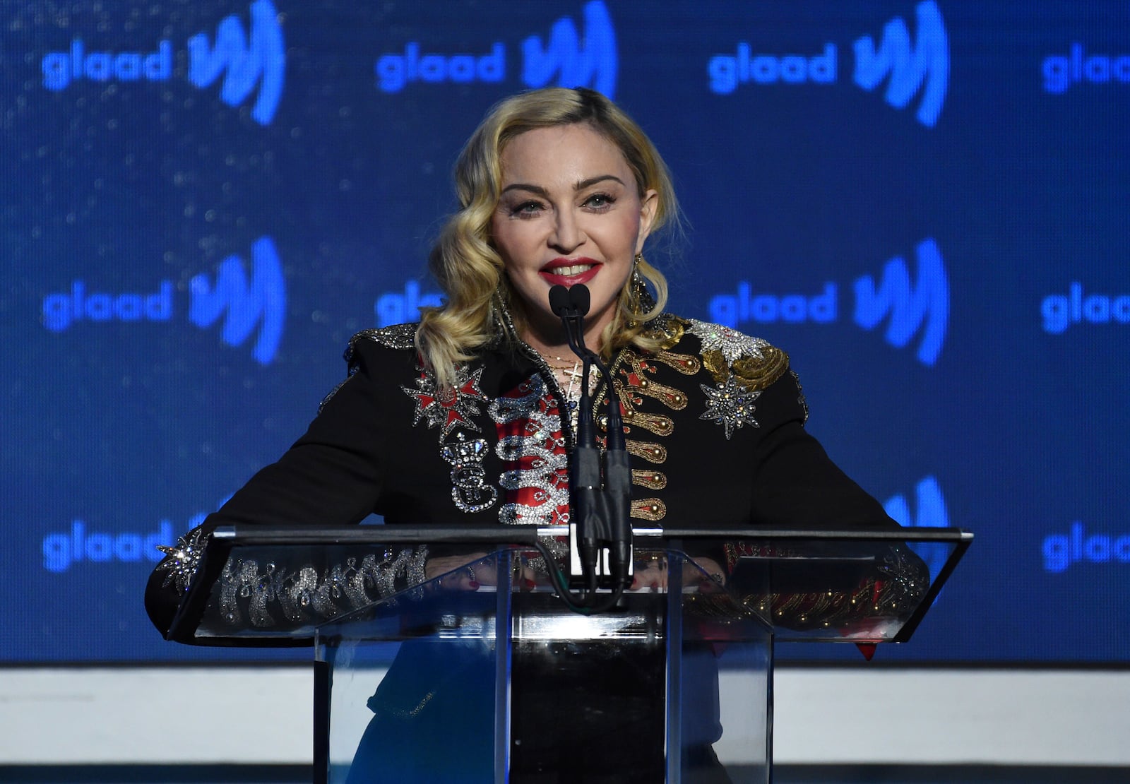 FILE - Honoree Madonna accepts the advocate for change award at the 30th annual GLAAD Media Awards May 4, 2019, at the New York Hilton Midtown in New York. (Photo by Evan Agostini/Invision/AP, File)