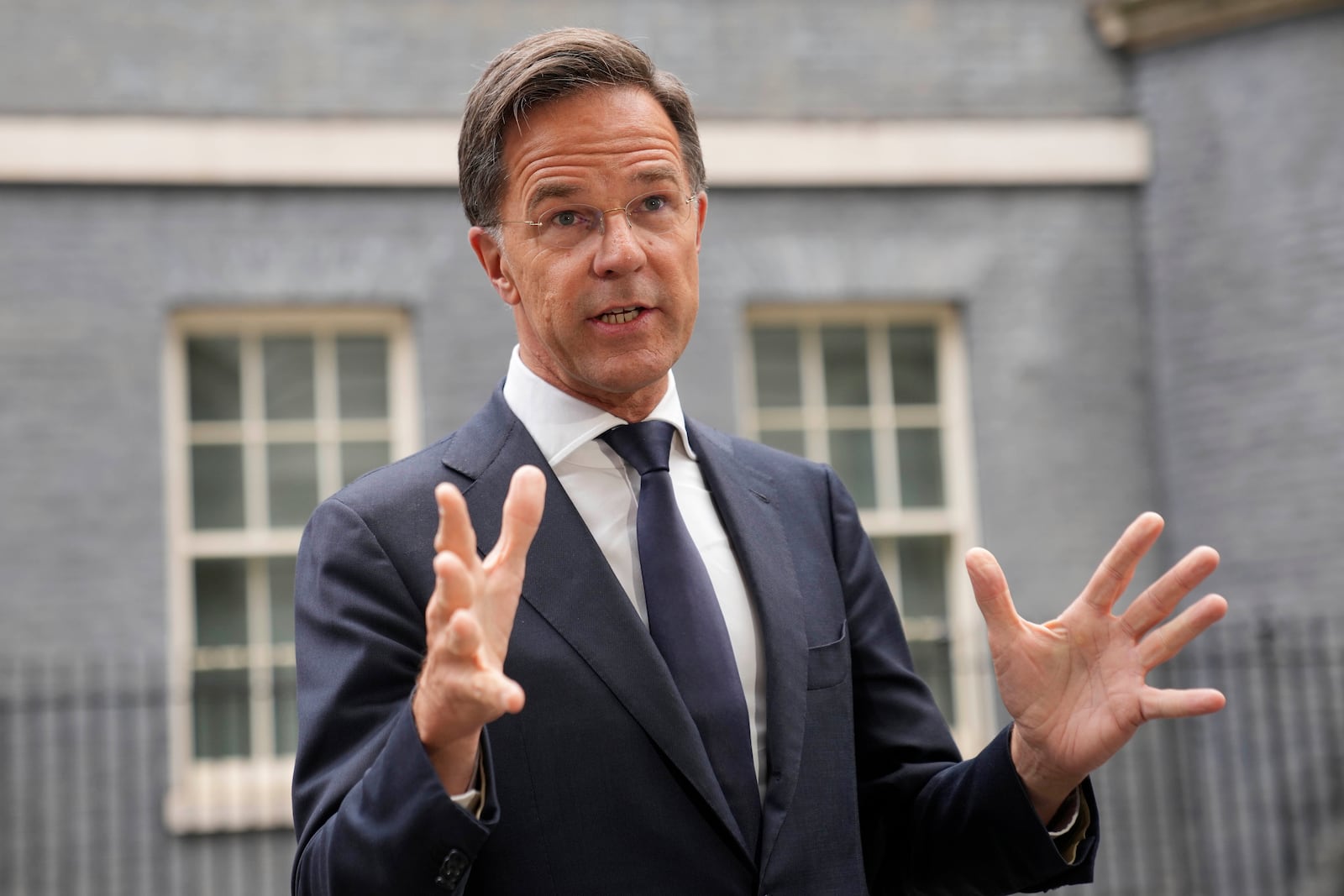 NATO Secretary General Mark Rutte speaks to the media after a meeting with Britain's Prime Minister Keir Starmer and Ukrainian President Volodymyr Zelenskyy at 10 Downing Street in London, Thursday, Oct. 10, 2024.(AP Photo/Kin Cheung)