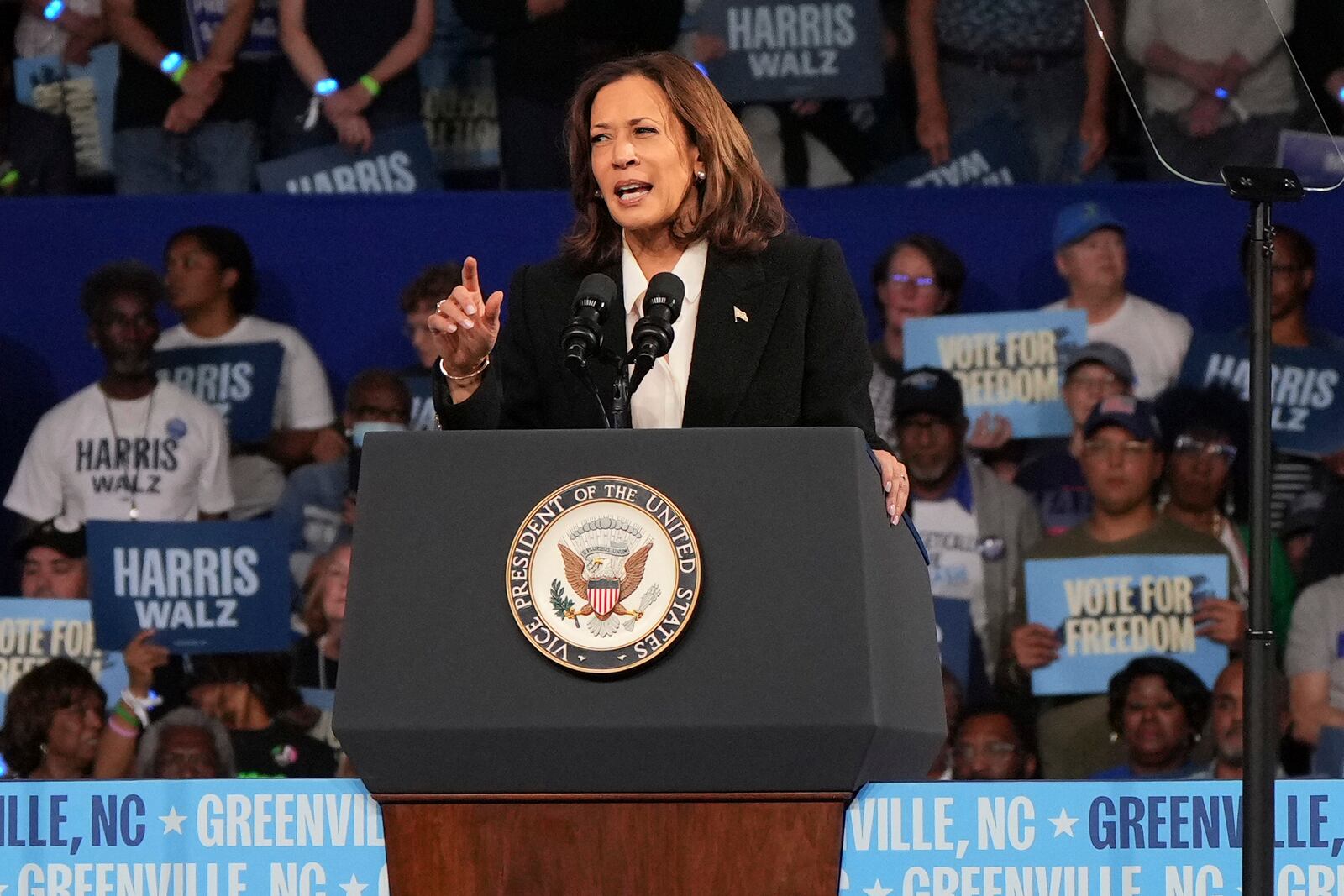 Democratic presidential nominee Vice President Kamala Harris speaks during a campaign event at East Carolina University, Sunday, Oct. 13, 2024, in Greenville, N.C. (AP Photo/David Yeazell)