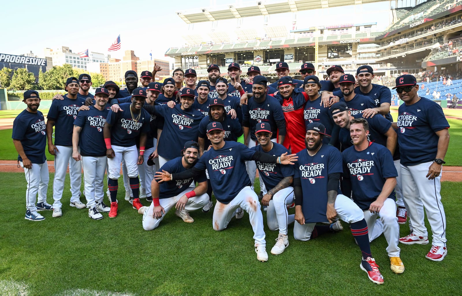 The Cleveland Guardians celebrate after their 10-inning win over the Minnesota Twins in a baseball game, Thursday, Sept. 19, 2024, in Cleveland. (AP Photo/Nick Cammett)