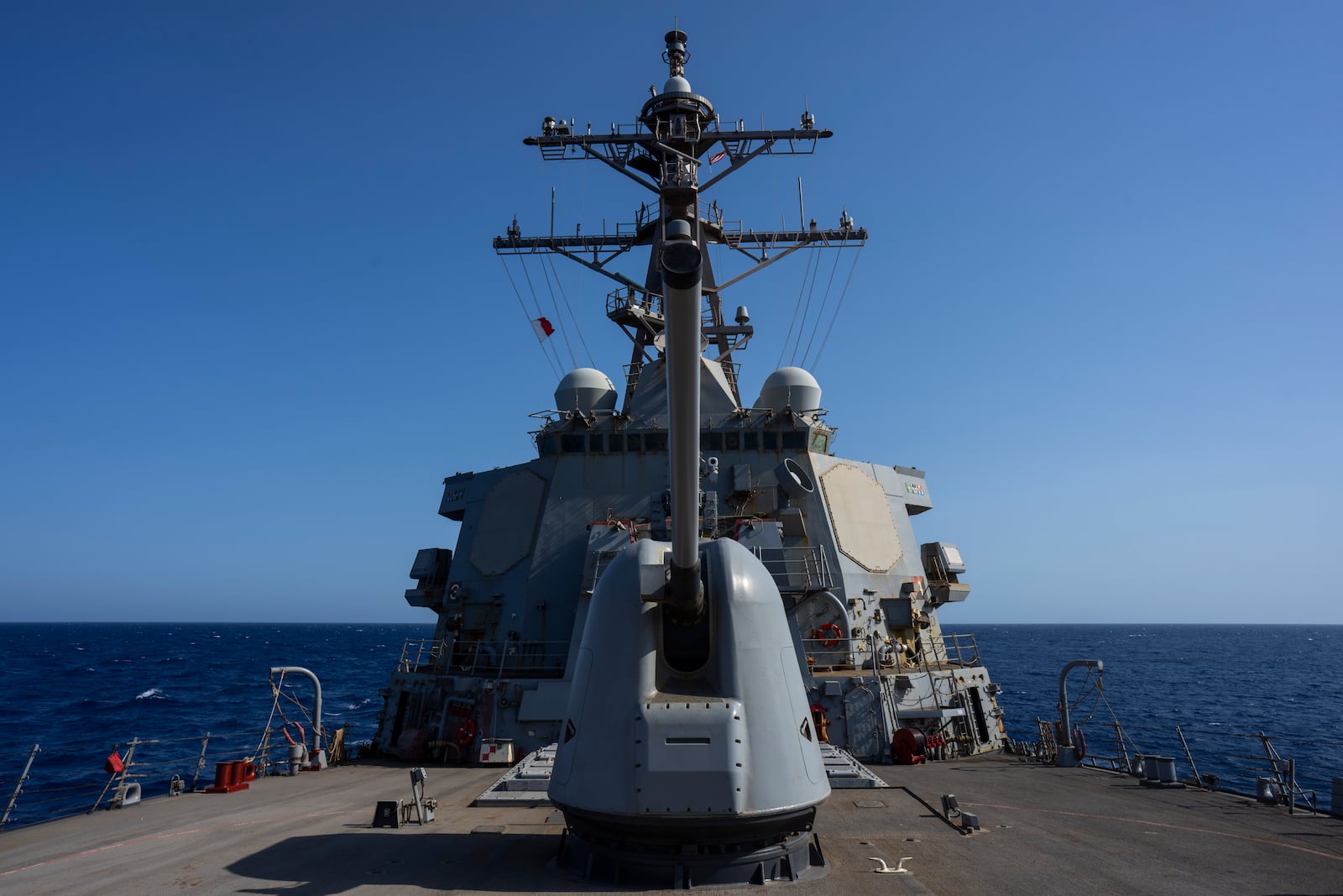 FILE - The Arleigh Burke-class guided missile destroyer USS Laboon sails in the Red Sea, June 12, 2024. (AP Photo/Bernat Armangue, File)