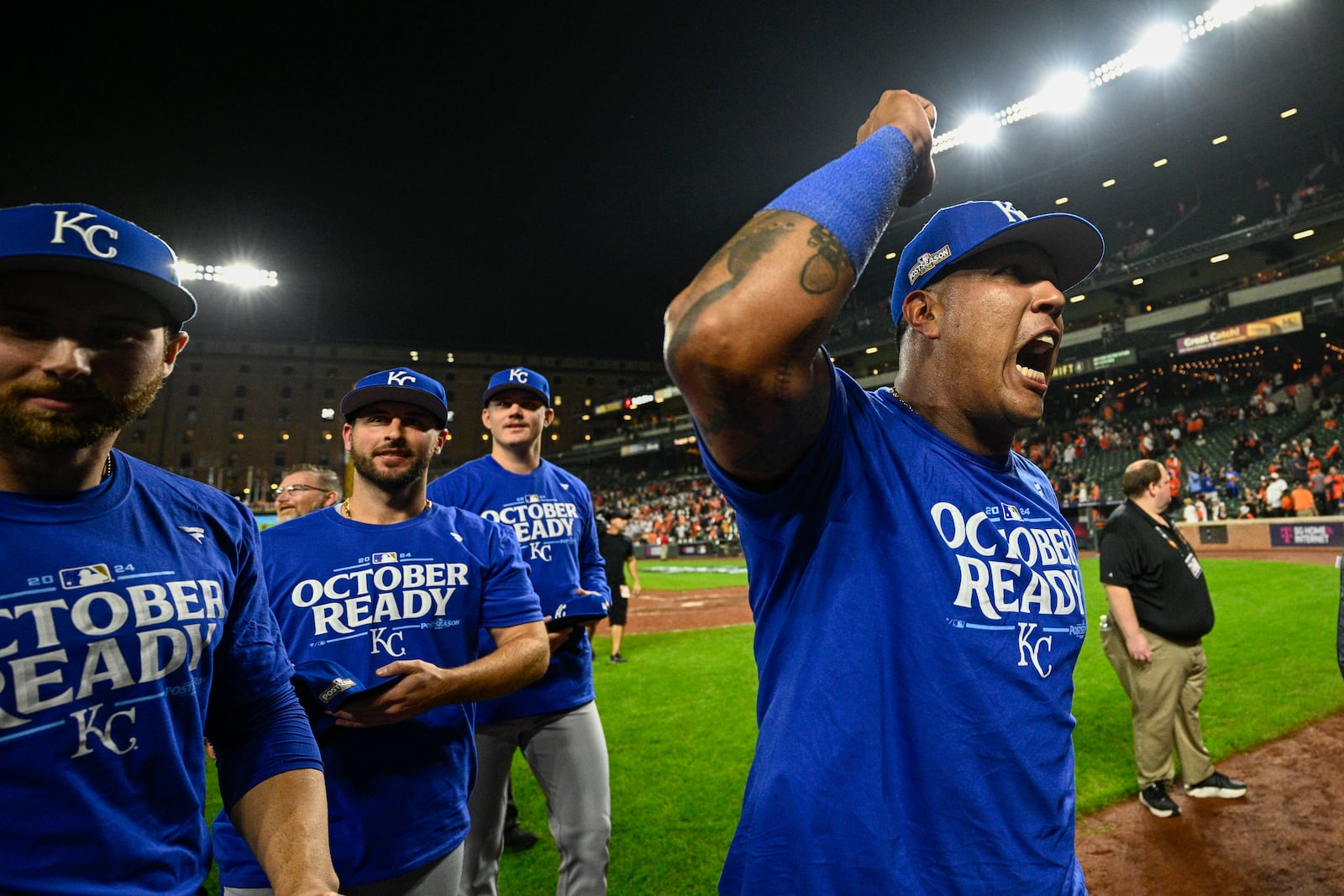 Kansas City Royals catcher Salvador Perez reacts after defeating the Baltimore Orioles 2-1 in Game 2 of an AL Wild Card Series baseball game, Wednesday, Oct. 2, 2024 in Baltimore. (AP Photo/Nick Wass)