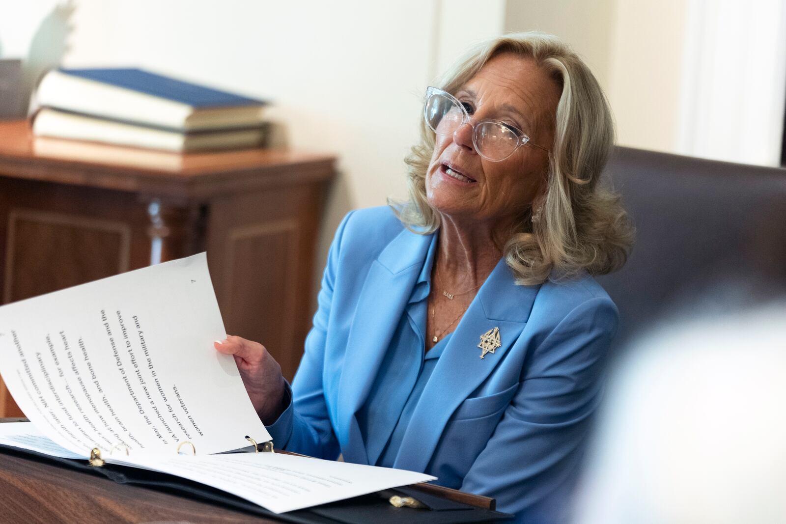 First lady Jill Biden, third from left, speaks during a cabinet meeting presided over by President Joe Biden, in the Cabinet Room of the White House, Friday, Sept. 20, 2024. (AP Photo/Manuel Balce Ceneta)