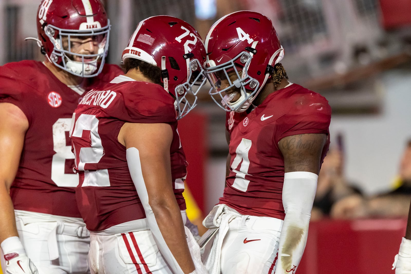 Alabama offensive lineman Parker Brailsford and Alabama quarterback Jalen Milroe celebrates a touchdown run by Milroe during the first half of an NCAA college football game against Georgia, Saturday, Sept. 28, 2024, in Tuscaloosa, Ala. (AP Photo/Vasha Hunt)