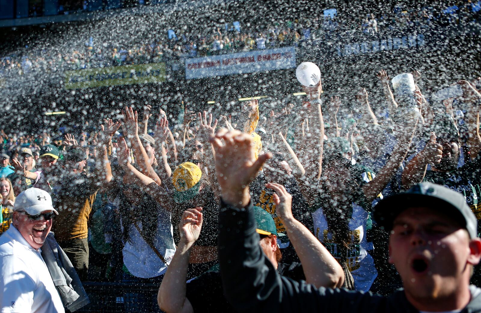 FILE - Oakland Athletics fans celebrate after the Athletics defeated the Minnesota Twins in a baseball game to become American League West champions, Sept. 22, 2013, in Oakland, Calif. (AP Photo/Beck Diefenbach, File)