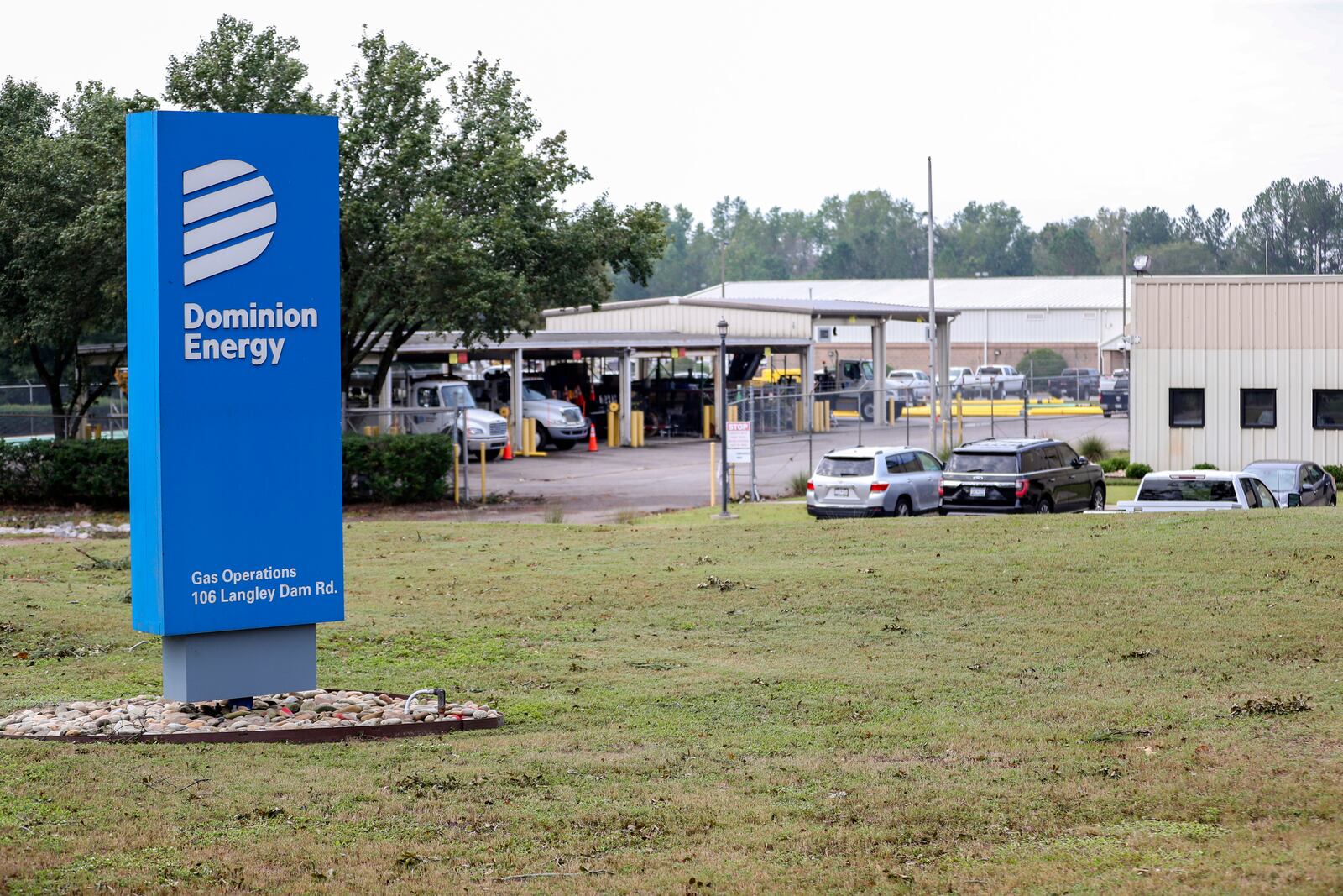 The Dominion Energy sign outside of the Gas Operations center in the aftermath of Hurricane Helene Sunday, Sept. 29, 2024, in Aiken, S.C. (AP Photo/Artie Walker Jr.)