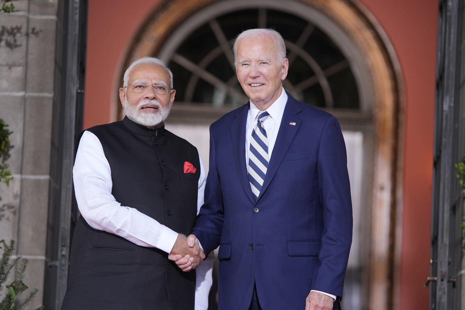 President Joe Biden greets India's Prime Minister Narendra Modi at the Quad leaders summit at Archmere Academy in Claymont, Del., Saturday, Sept. 21, 2024. (AP Photo/Mark Schiefelbein)