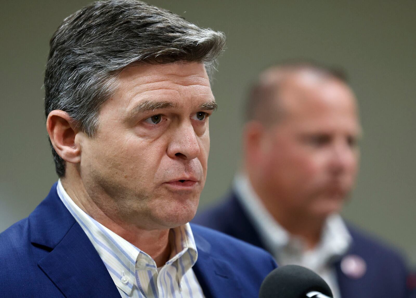 /// [EXTERNAL] Superintendent Jeffrey Weiss, left, speaks as Mayor David Bogdala listens during a press conference at the John J. Hosmanek Educational Support Center on Thursday, Nov. 7, 2024. (Sean Krajacic/The Kenosha News via AP)