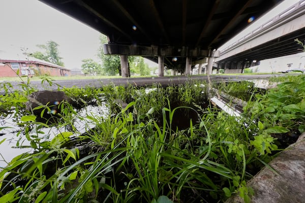The expressway overpass that replaced of the home of the grandparents of Pope Leo XIV, is seen at the site of the former home, in the 7th Ward of New Orleans Friday, May 9, 2025. (AP Photo/Gerald Herbert)
