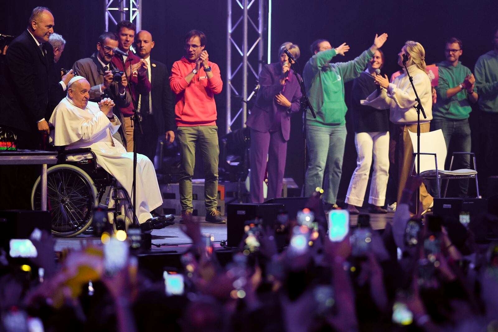 Pope Francis attends the Hope Happening youth festival at the Brussels Expo, Belgium, Saturday, Sept. 28, 2024, on the third day of his four-day visit to Luxembourg and Belgium. (AP Photo/Andrew Medichini)