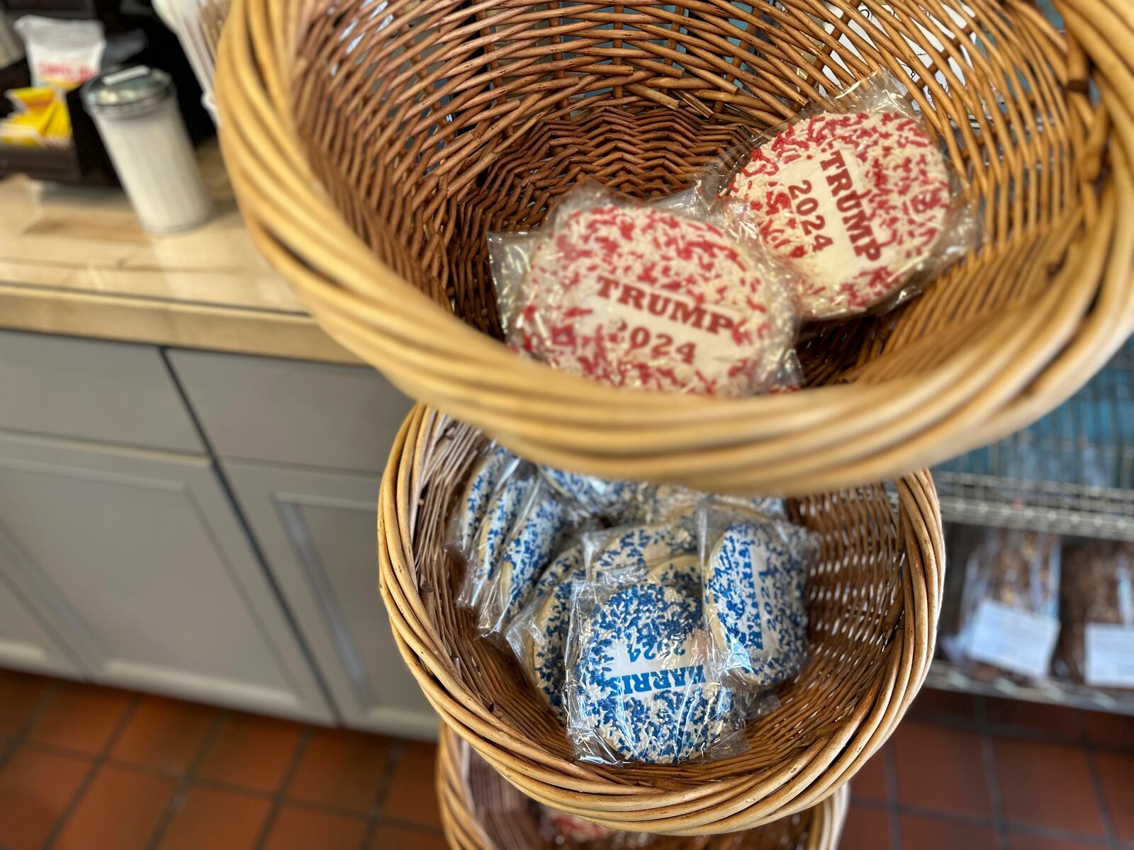 Cookies, with Harris and Trump labels on, are on display at Lochel's Bakery in the town of Hatboro in suburban Philadelphia, Tuesday, Sept. 24, 2024. Lochel's Bakery started the election cookie poll in 2008 as a joke between the third-generation bakery owners and their local customers. (AP Photo/Tassanee Vejpongsa)