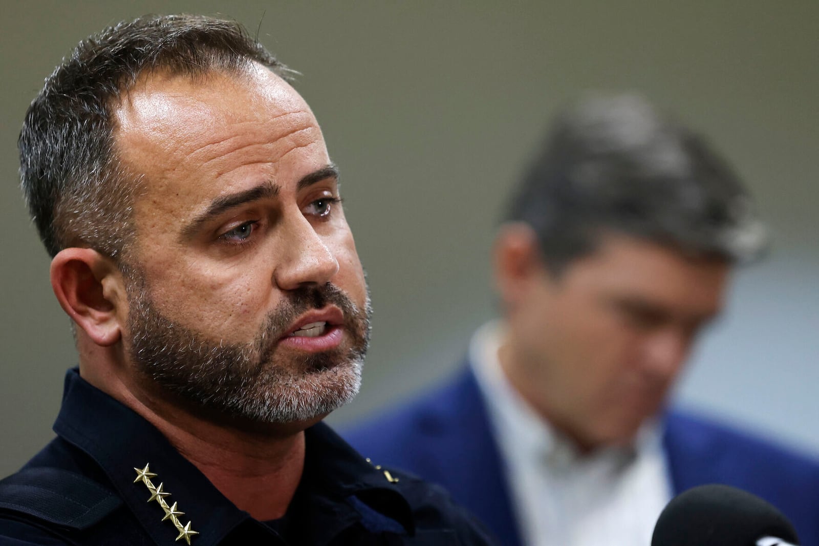 Kenosha Police Chief Patrick Patton, left, speaks as KUSD Superintendent Jeffrey Weiss listens during a news conference at the KUSD Educational Support Center on Thursday, Nov. 7, 2024 in Kenosha, Wis. (Sean Krajacic/The Kenosha News via AP)