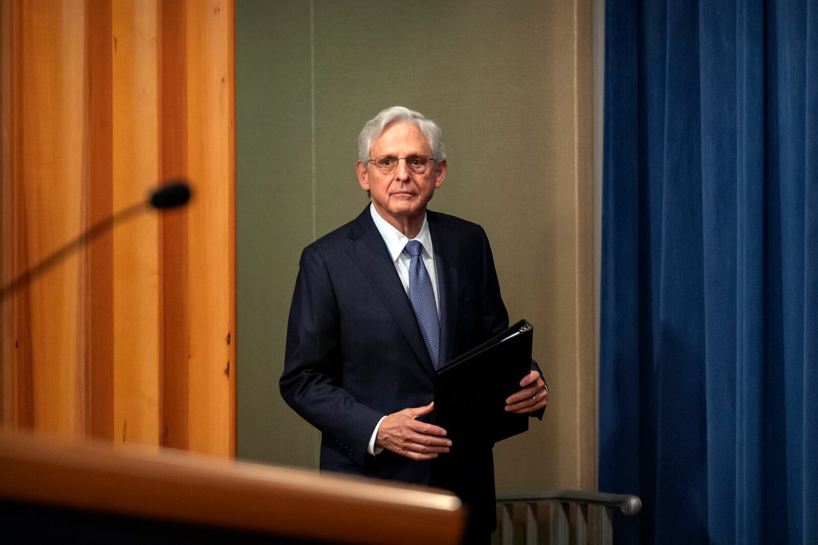 Attorney General Merrick Garland arrives to speak at a news conference at the Department of Justice, Tuesday, Sept. 24, 2024, in Washington. (AP Photo/Mark Schiefelbein)