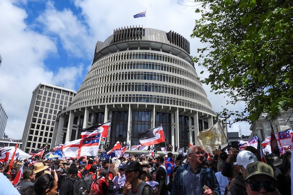 Protesters opposing to a proposed law that would redefine New Zealand’s founding treaty between the British Crown and Māori chiefs gather outside Parliament in Wellington, New Zealand Tuesday, Nov. 19, 2024. (AP Photo/Charlotte McLay-Graham)