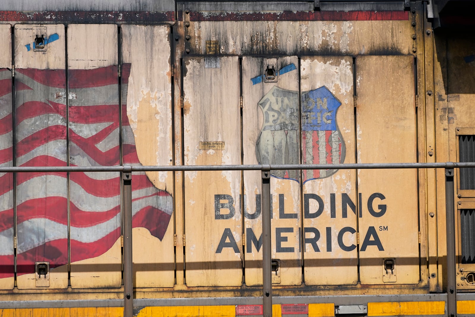 FILE - The Union Pacific Railroad logo appears on a locomotive in the Jackson, Miss., terminal rail yard, April 20, 2022. Union Pacific reports earnings on July 25, 2024. (AP Photo/Rogelio V. Solis, File)