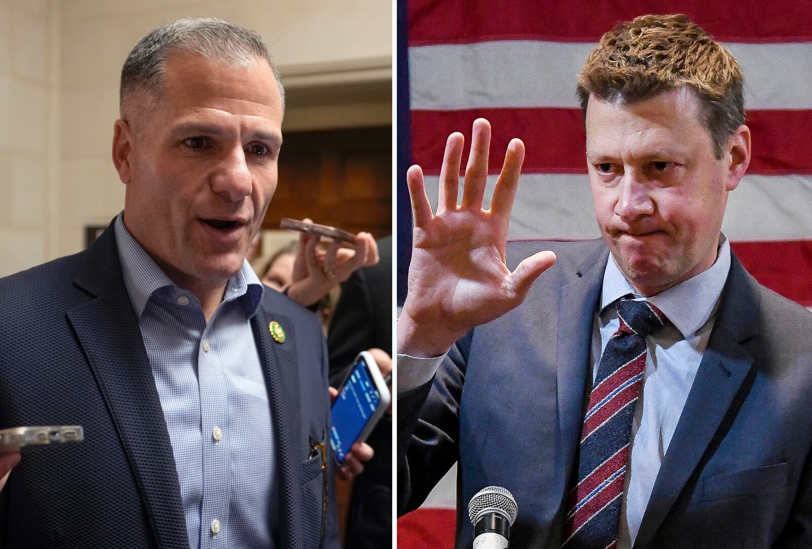 This combination photos shows Rep. Marc Molinaro, R-N.Y., left, on Capitol Hill in Washington, Oct. 23, 2023, and Josh Riley in Binghamton, N.Y., Nov. 8, 2022. (AP Photo)