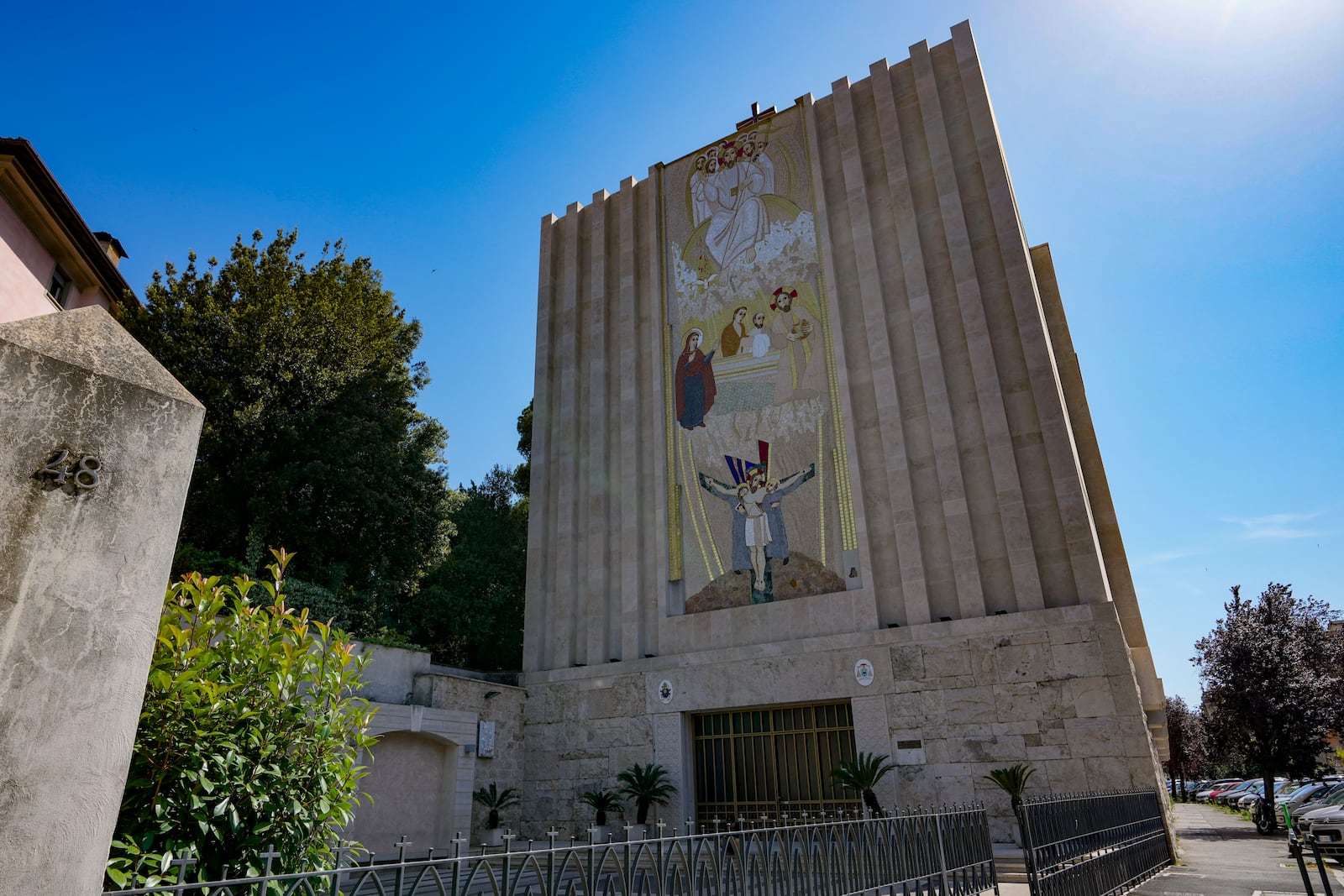 FILE - A mosaic by ex-Jesuit artist Marko Rupnik is seen on the main facade of the Church of Our Lady of the Canadian Martyrs, June 28, 2024, in Rome. (AP Photo/Andrew Medichini, File)