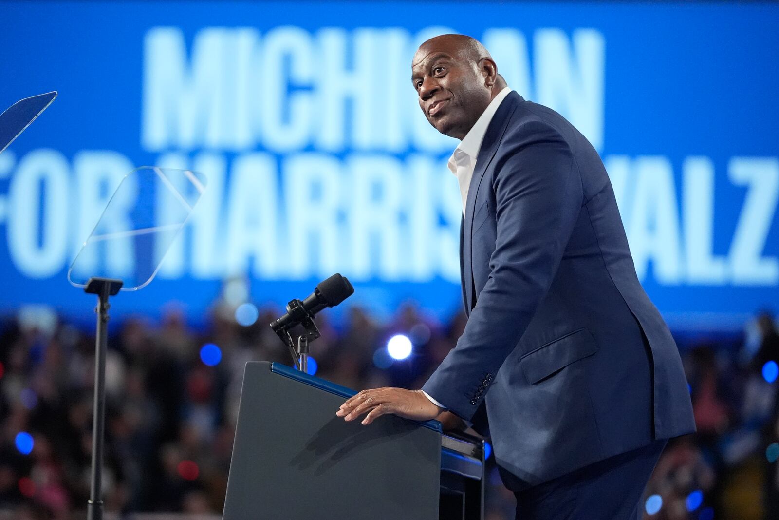 Magic Johnson speaks at a campaign rally for Democratic presidential nominee Vice President Kamala Harris at the Dort Financial Center in Flint, Mich., Friday, Oct. 4, 2024. (AP Photo/Mark Schiefelbein)